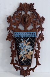 Antique Wood And Needlepoint Wall Pocket With Carved Lady's Head