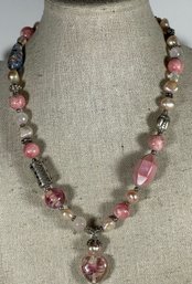 Sterling Silver Pink Beaded Pearl & Rose Quartz Beaded Necklace 16'