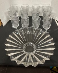 Fostoria Heritage Pattern Set Of 4 Small & 8 Large Crystal Water Glasses & Blossom Pattern Center Bowl. RC/D5