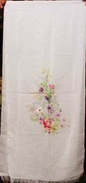 Very Fine White Silk Scarf 52' Long Fine Embroidered Bouquet Of Flowers On One End