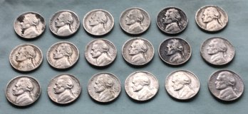 Lot Of 18 Collectible U.S. 5 Cent Nickle Coins - 1939, 1941, 1942, 1949, 1951, 1953... Etc.