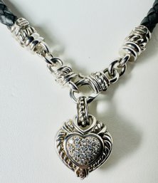 DESIGNER JUDITH RIPKA STERLING SILVER BRAIDED LEATHER PAVE CZ HEART NECKLACE