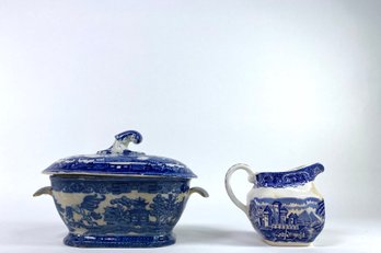 Blue And White Porcelain Tureen And English Staffordshire Creamer Mixed Pair