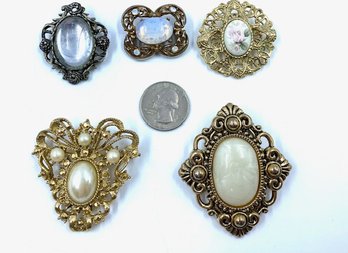 Collection Of 5 Vintage To Now Cabochon Brooches.
