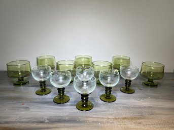 Two Sets Of Vintage Cordial Glasses With Avocado Green Glass