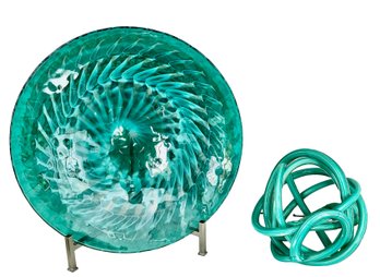 Aqua Teal Murano And Gold Gilt Plate With Crate And Barrel Stand And Cyan Design Tangle Filler Circular Glass