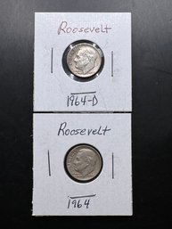 2 Silver Roosevelt Dimes 1964, 1964-D