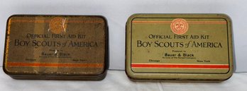 Two Antique Tins From Boy Scouts Of America Official First Aid Kits - One Full Of NOS Supplies, One Is Empty