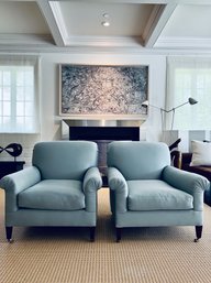 Pair Custom Bridgewater Club Chairs On Casters In Beautiful Coastal Dusty Blue