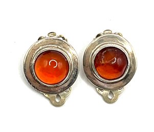 Vintage Sterling Silver Amber Color Clip On Earrings