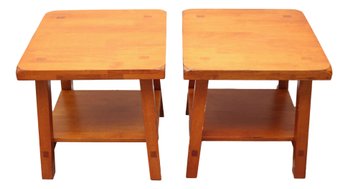 Pair Of Wood Block Honey Oak Side Tables With Open Bottom Shelves