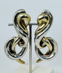 VINTAGE LONG SIGNED STERLING SILVER 2 TONE CLIP-ON EARRINGS