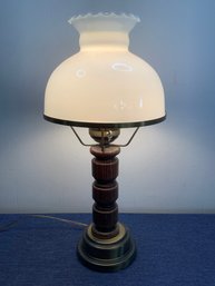 Wood And Brass Based Table Lamp With White Glass Shade