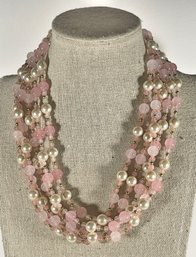 Vintage Pink Glass Multi Strand Faux Pearl Necklce