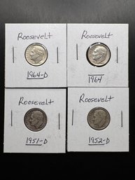 4 Silver Roosevelt Dimes 1951-D, 1952-D, 1964, 1964-D