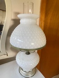 Vintage White Hobnail Milk Glass Parlor Lamp With Ruffle Top Shade