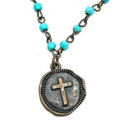 Vintage Copper And Turquoise Color Cross Necklace