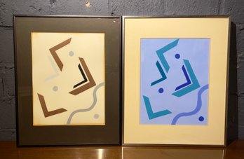 Pair Of Vintage Abstract Gouache Paintings