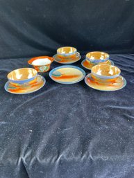 VINTAGE HANDPAINTED IRIDESCENT BLUE & ORANGE TEACUP & SAUCER LOT