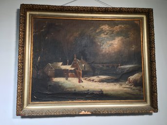 Large Antique Oil On Canvas Painting - Original Frame - Apparently Unsigned - For Restoration - Sold As Is