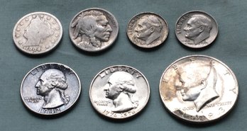 Lot Of 7 Collectible U.S. Coins - 1901 Five 5 Cent V Nickle, 1926 Buffalo Nickle, 1942 Silver Quarter & More