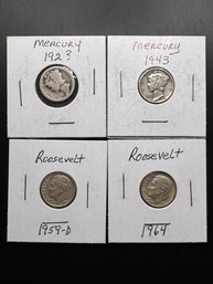 4 Silver Dimes (2) Roosevelt 1959-D, 1964, (2) Mercury Dimes 192?, 1943