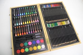 Like New Xenox Wooden Art Bin With Oil Pastel's, Color Pencils, Brushes And Watercolors
