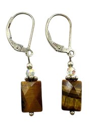 Sterling Silver Tiger Eye Stone Dangle Earrings With Clear Bead Accents