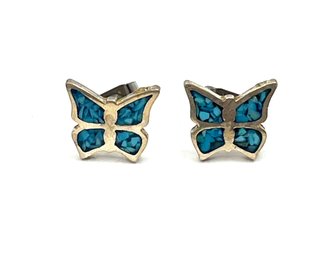 Vintage Sterling Silver Turquoise Color Butterfly Stud Earrings
