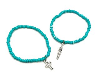 Lot Of 2 Southwestern Style Turquoise Color With Cross And Feather Pendants Bracelets