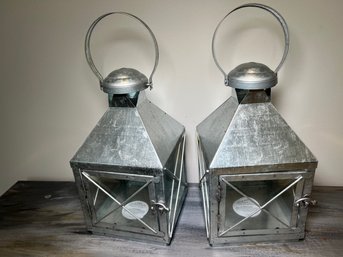 Pair Of Galvanized Candle Lanterns