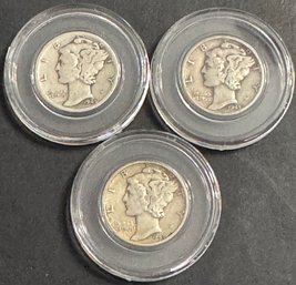 Lot Of 3 Mercury Dimes 1945, 1945-D, 1945-S