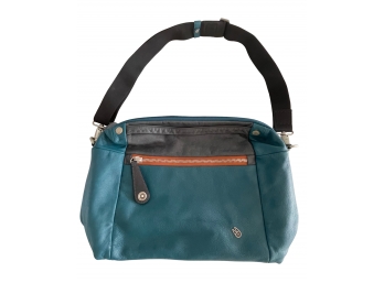 Mandarina Duck Leather Shoulder Bag Blue Brown W/ Rust Zipper- 2 Lrg Outer Pockets,  Zip & 2 Pockets On Inside