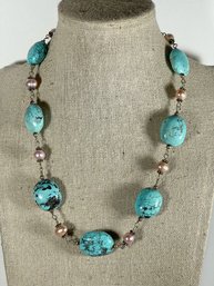 Genuine Turquoise Beaded Sterling Silver Necklace South Western 16'