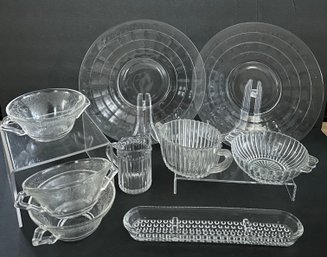 8 Piece Assorted White Depression Glass Lot: 3 Soup Bowls, 2 Dinner Plates, Sugar Bowl, Creamer, Small Bowl