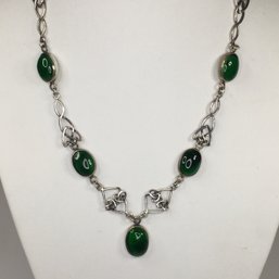 Fabulous Vintage 925 / Sterling Silver Necklace With Jade Cabochons - Very Pretty Piece - 18-1/2' Nice !