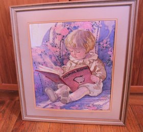 Vintage Embroidery & Fabric Framing Of Young Girl Reading- Signed  ( See Pictures For Detail)