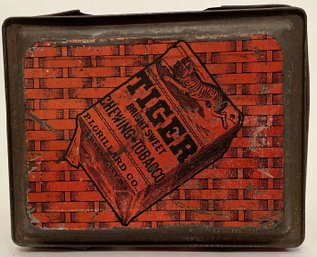 Vintage Antique Tiger Chewing Tobacco Tin Litho Lunch Box -p Lorillard Co Jersey City NJ - 8 1/8 X 6 1/4 X 6 H