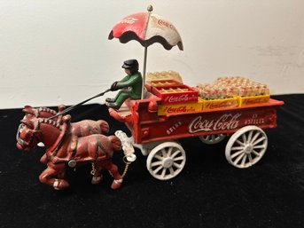 Vintage Cast Iron Coca Cola Horse Drawn Wagon With Umbrella Cases And Bottles