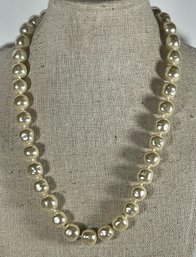 Fine Vintage Simulated Pearl Necklace W Rhinestone Twist Clasp