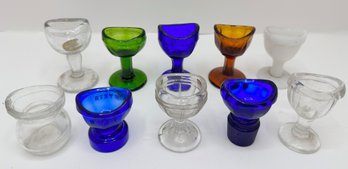 10 Antique Glass Eye Wash Cups By Wyeth, John Bell, NYEBoe & More, Some Cobalt Blue