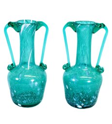 Pair Of Striking 6' Teal And White Hand Blown Splatter Glass Vases