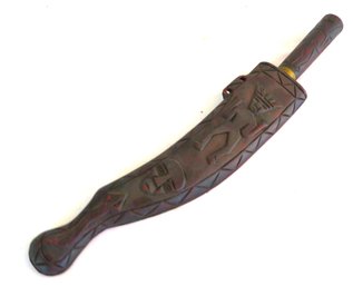 Mesoamerican Curved Blade Knife In A Wood Carved Sheath
