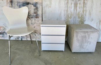 West Elm Chair, Side Table With Drawers, Grey Velvet Cube On Wheels