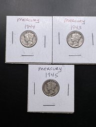 3 Mercury Dimes 1943, 1944, 1945