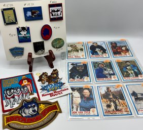 Vintage IDITAROD Dog Sled Race Patches, Pin Backs & Signed Musher Cards ~