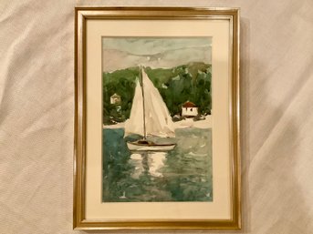 Sailboat On A Lake, Original Watercolor, Signed Velimir Stanic