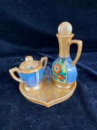 VINTAGE HANDPAINTED IRIDESCENT BLUE & ORANGE TEA SET