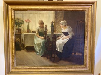 Two Women Spinning Yarn Oil On Canvas F. Dannel