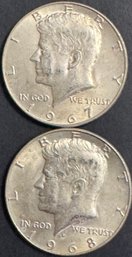 2 Kennedy Forty Percent Silver Half Dollars 1967, 1968-D